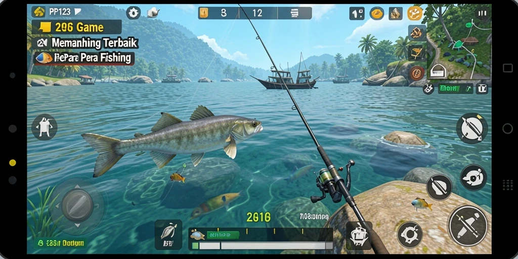 Tangkapan layar gameplay PP123 menampilkan aksi memancing yang seru dan menegangkan.